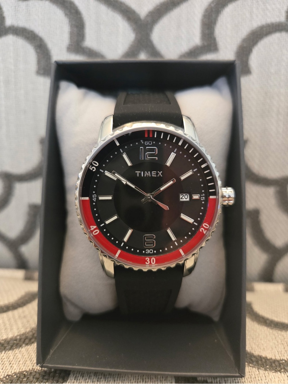 Timex Black Dial Watch with Red Coke Bezel Accents